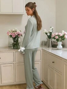 Snug Reverie 女士针织提花拼接撞色蝴蝶结装饰翻领上衣和裤子睡衣套装 鼠尾草绿睡衣套装 秋冬服装 - 綠色 - 查看 2