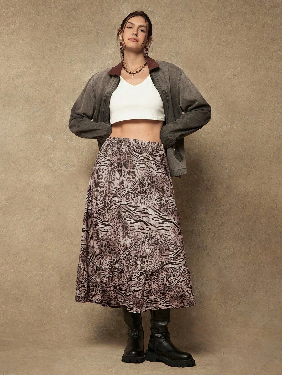 SHEIN VCAY Váy chắp vá họa tiết da báo và ngựa vằn cỡ lớn dành cho nữ - Cà phê nâu - Xem 1