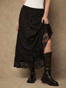 Freevana Váy chữ A thanh lịch viền ren cạp chun co giãn cho nữ cỡ lớn - màu đen - Xem 3