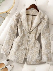 Vionelle 大码女式秋季翻领泡泡袖提花褶皱西装外套