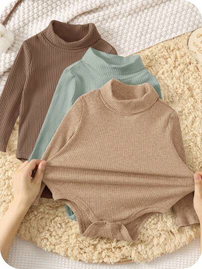 SHEIN 3 件套新生婴儿男孩/女孩幼儿厚实保暖纯色高领长袖连体衣和裤子套装，舒适、百搭、时尚、休闲，适合室内、户外、日常穿着、运动、玩耍、派对、摄影、节日、秋冬季万圣节