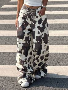 SHEIN Teen Girls Low Waist Loose Milk Texture Pocket Wide Leg Casual Jeans, Western Style For Girls Cow Print Pants Wide Leg Cow Print Pants,Casual Collegiate Style Comfortable Fashion Minimalist Practical Versatile Soft Cotton Fabric,Suitable For Daily, School, Travel, Outdoor Activities,Girls Fall Winter Back To School Homecoming Outfits