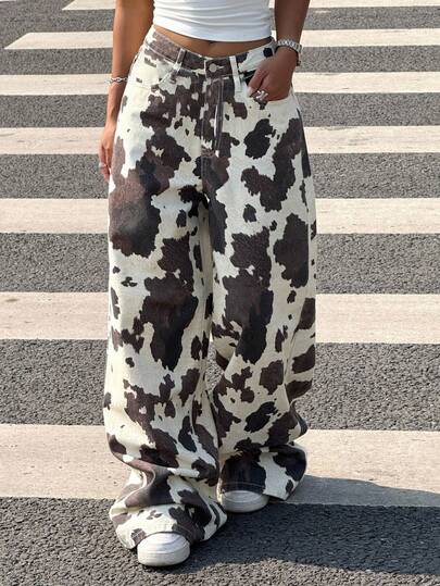 SHEIN Teen Girls Low Waist Loose Milk Texture Pocket Wide Leg Casual Jeans, Western Style For Girls Cow Print Pants Wide Leg Cow Print Pants,Casual Collegiate Style Comfortable Fashion Minimalist Practical Versatile Soft Cotton Fabric,Suitable For Daily, School, Travel, Outdoor Activities,Girls Fall Winter Back To School Homecoming Outfits