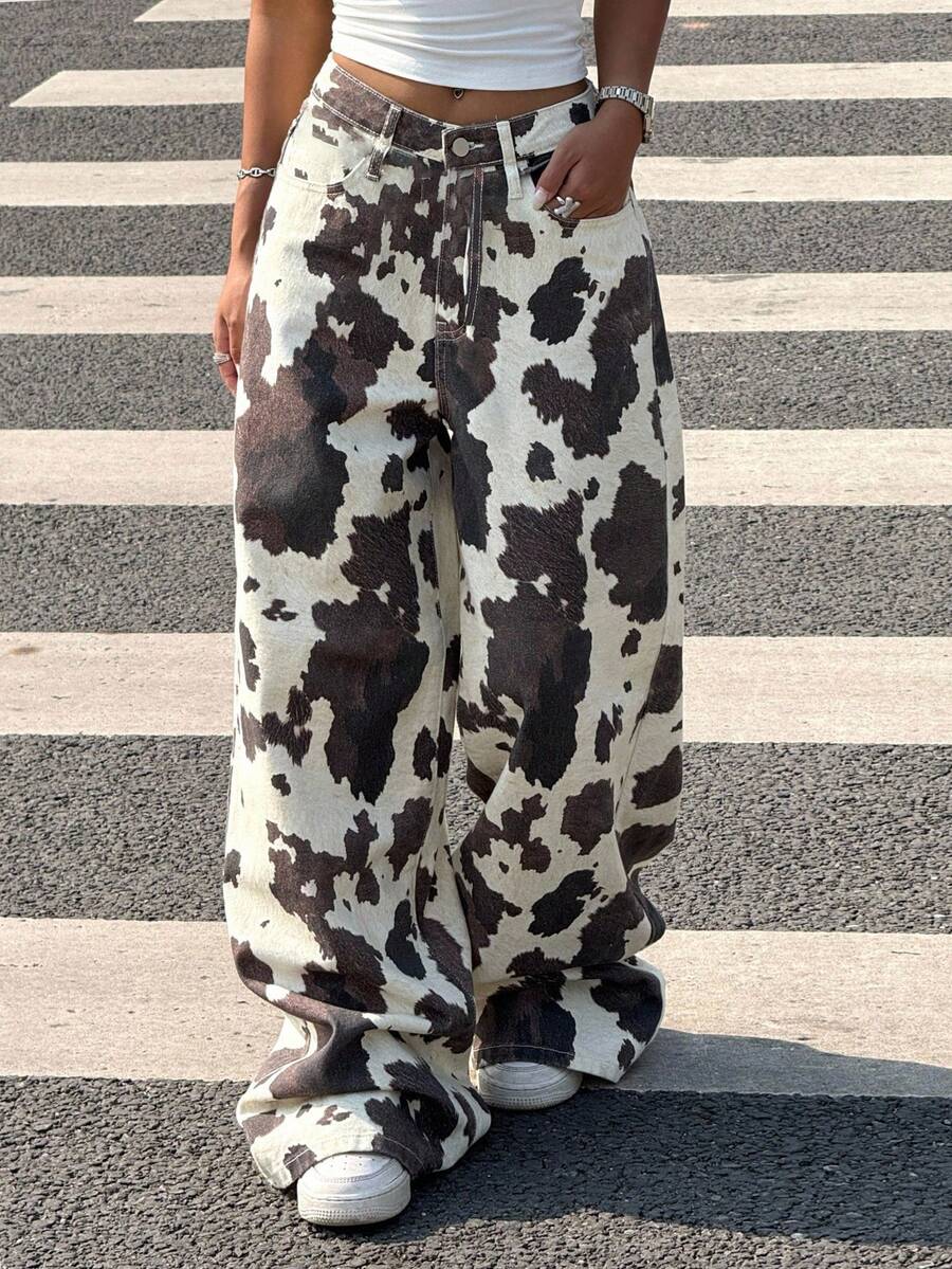 SHEIN Teen Girls Low Waist Loose Milk Texture Pocket Wide Leg Casual Jeans, Western Style For Girls Cow Print Pants Wide Leg Cow Print Pants,Casual Collegiate Style Comfortable Fashion Minimalist Practical Versatile Soft Cotton Fabric,Suitable For Daily, School, Travel, Outdoor Activities,Girls Fall Winter Back To School Homecoming Outfits