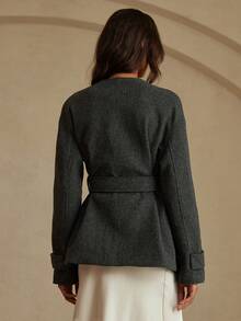 GENKIRA Elegant Versatile Solid Color Jacket With Round Neck, Button Decoration, Sleeve Cuff Decoration, And Waist Belt Decoration, Suitable For Commuting - Black - View 2