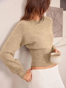 Hanevo Casual Round Neck Drawstring Waist Slim Fit Solid Color Knit Sweater, Versatile For Autumn/Winter - Khaki - View 8