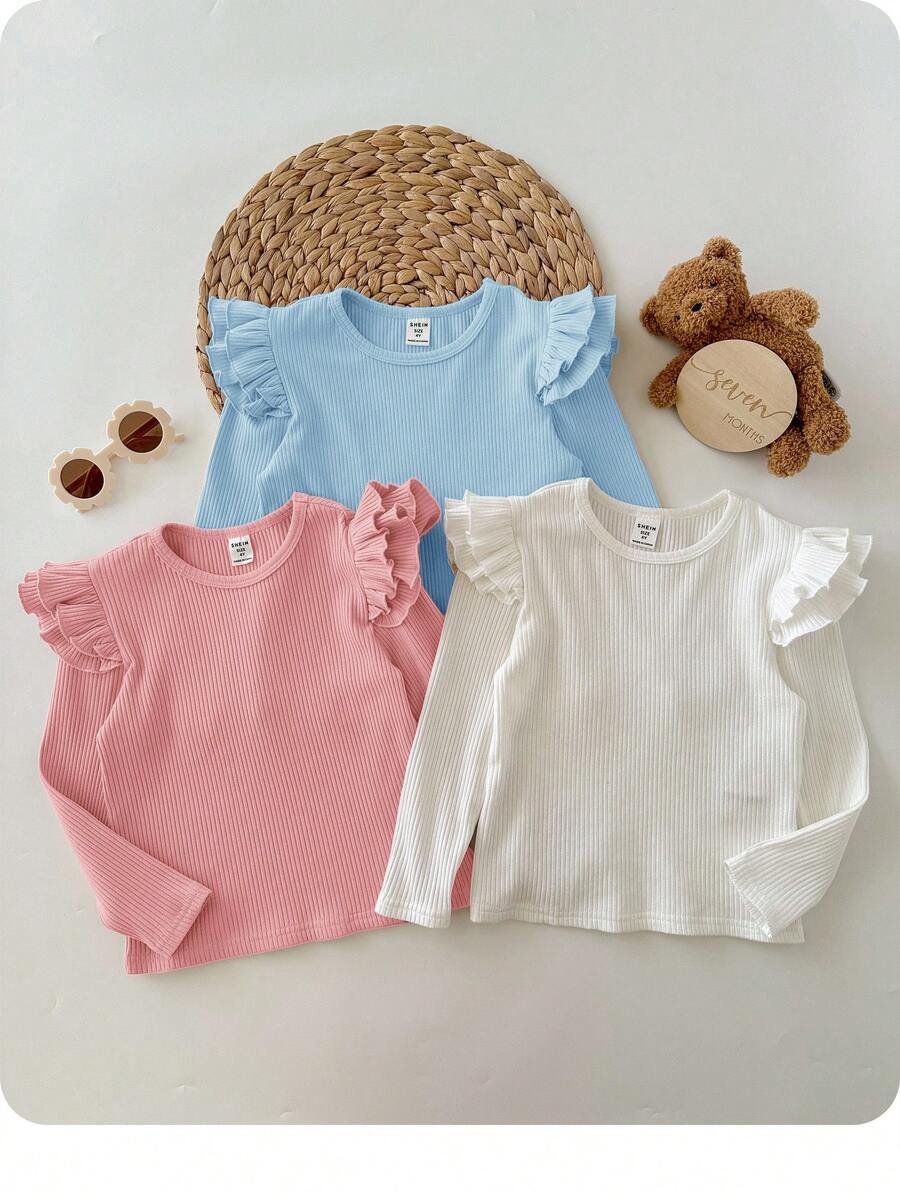 SHEIN 3pcs/Set Babygirl Cute Versatile Solid Color Knit Long Sleeve Top With Ruffle Sleeves, Casual Autumn/Winter - Multicolor - View 1