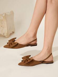 CUCCOO CHICEST Giày lười đế bệt hở mũi màu cà phê thời trang nữ, trang trí nơ, thoải mái, thanh lịch - Cà phê nâu - Xem 4