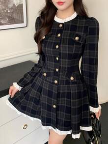 DAZY 女士优雅格子褶皱通勤连衣裙 - 藏蓝色 - 查看 1