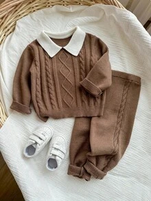 SHEIN 2 件套男婴/女婴可爱纯色长袖翻领毛衣和松紧腰裤套装，休闲冬装 - 彩色 - 查看 5