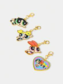 THE POWERPUFF GIRLS X SHEIN Juego de llaveros de aleación de zinc con estampado de elementos de dibujos animados de moda y popular, nicho, también se puede usar para decorar bolsos, adecuado para fiestas al aire libre, conciertos. - Talla única para todos - Ver 2