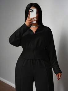 Slaydiva Ensemble décontracté femme grande taille, couleur unie, veste à capuche zippée à manches longues et pantalon, automne/hiver - Noir - Voir 16