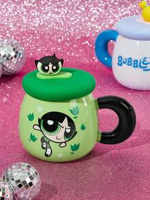 THE POWERPUFF GIRLS X SHEIN 1 件 500ml/17.6oz 卡通图案大容量陶瓷杯，带硅胶盖（不含吸管），可微波炉加热和洗碗机清洗，适用于牛奶、咖啡、果汁等。花朵/毛茛/泡泡 - 彩色 - 查看 5