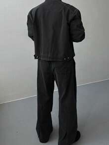 DAZY Men's Solid Black Washed Elastic Waist Design Jacket Set, Autumn - Black - View 2