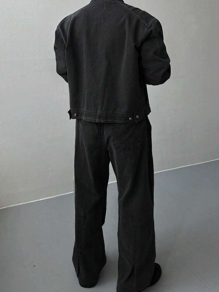 Men's Solid Black Washed Elastic Waist Design Jacket Set, Autumn