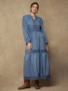 SHEIN VCAY Rochie elegantă de damă cu mânecă tip felinar și decolteu în V, mărime plus, din dantelă contrastantă