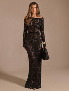 SHEIN BAE Black Long Sleeve Elegant Maxi Mermaid Dress, Black Lace Dress, Going Out Dress, Autumn Women's Wear, Old Money, Sexy Minimalist, Party Cocktail, Formal Occasion, Black Dress, Sexy Sheer Autumn/Winter Underdress - Black - View 5