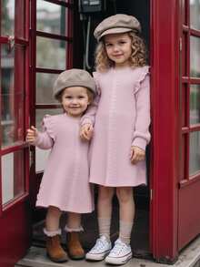 Emery Rose Kids Emery Rose Kids 年轻女孩纯色圆领荷叶边下摆休闲毛衣裙女秋冬装 - 粉色 - 查看 3