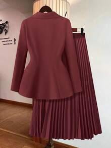 GlowEve CURVE 2pcs/Set Plus Size Solid Color Button Front Long Sleeve Shirt And Skirt Outfit Fall Cloth For Women - Burgundy - View 2