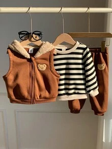 SHEIN 3 件套男童/女童秋冬可爱条纹羊毛连帽夹克，卡通图案拉链连帽夹克和裤子 3 件套运动服 - 彩色 - 查看 6