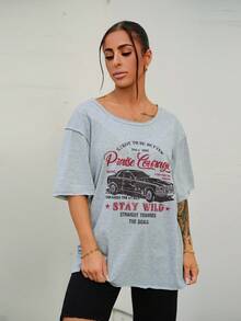 SAYEHFBABY Vintage Style Car Graphic Loose Casual T-Shirt For Women, Summer Back To School - Grey - View 1