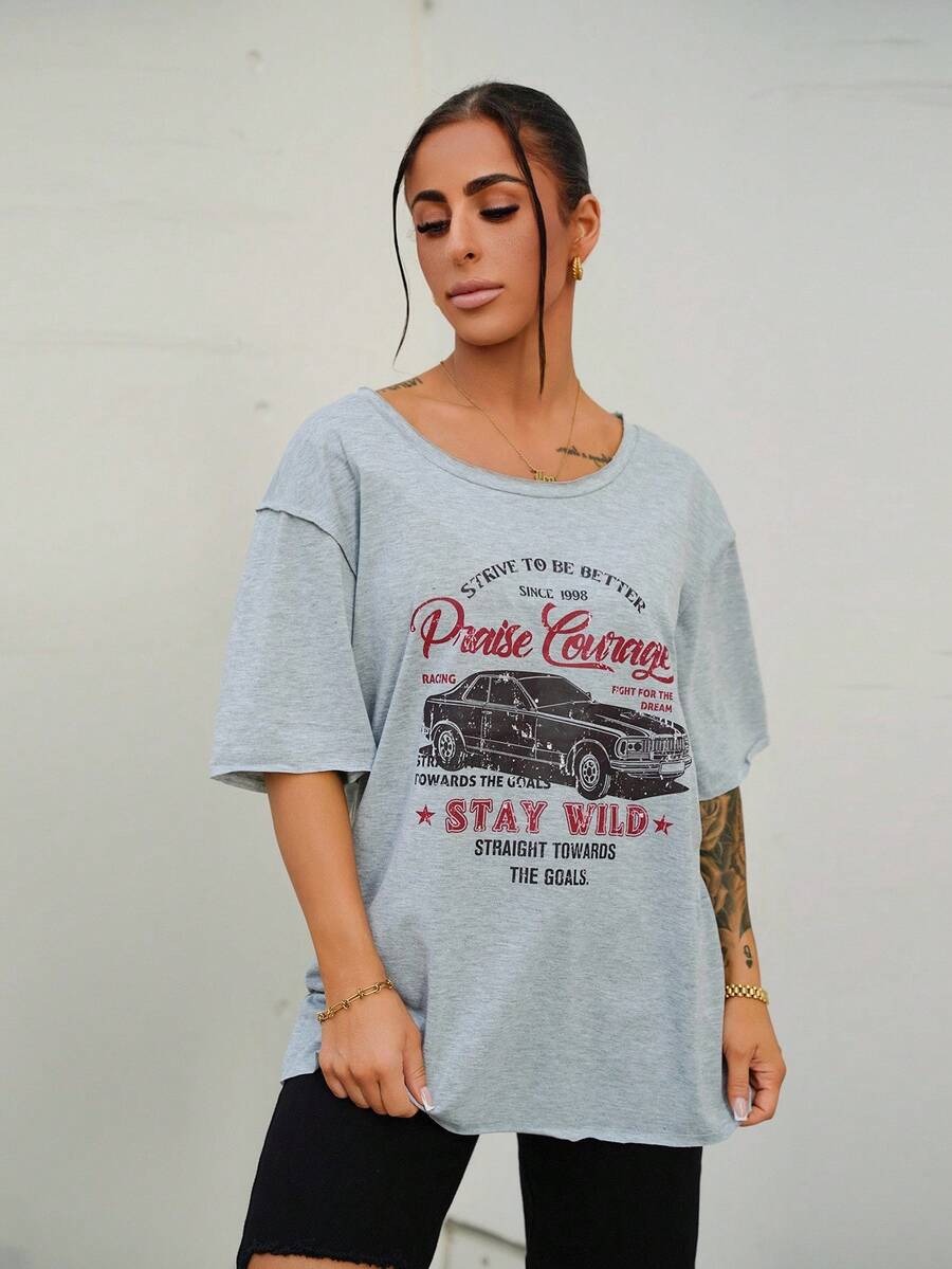 SAYEHFBABY Vintage Style Car Graphic Loose Casual T-Shirt For Women, Summer Back To School - Grey - View 1