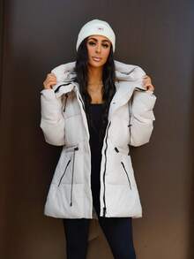 SAYEHFBABY 时尚休闲可调节腰部绗缝连帽加厚棉服外套冬季 - 米色 - 查看 5