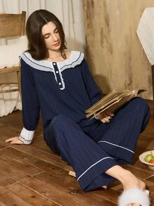 SHEIN Côtesoire Set de pijamale pentru femei cu mânecă lungă, cu guler dublu și volane, în culori contrastante, cu decor cu nasturi, haine de toamnă