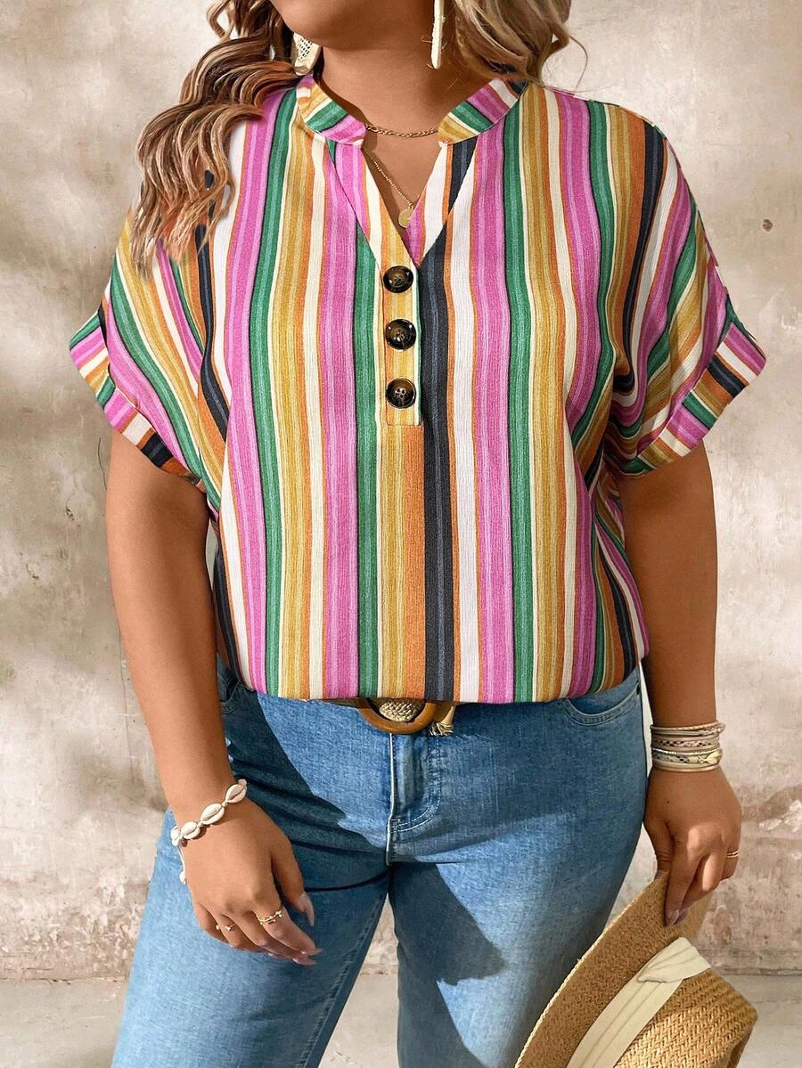 EMERY ROSE Plus Size Colorful Striped V-Neck Shirt With Rolled Up Sleeves - Multicolor - View 1