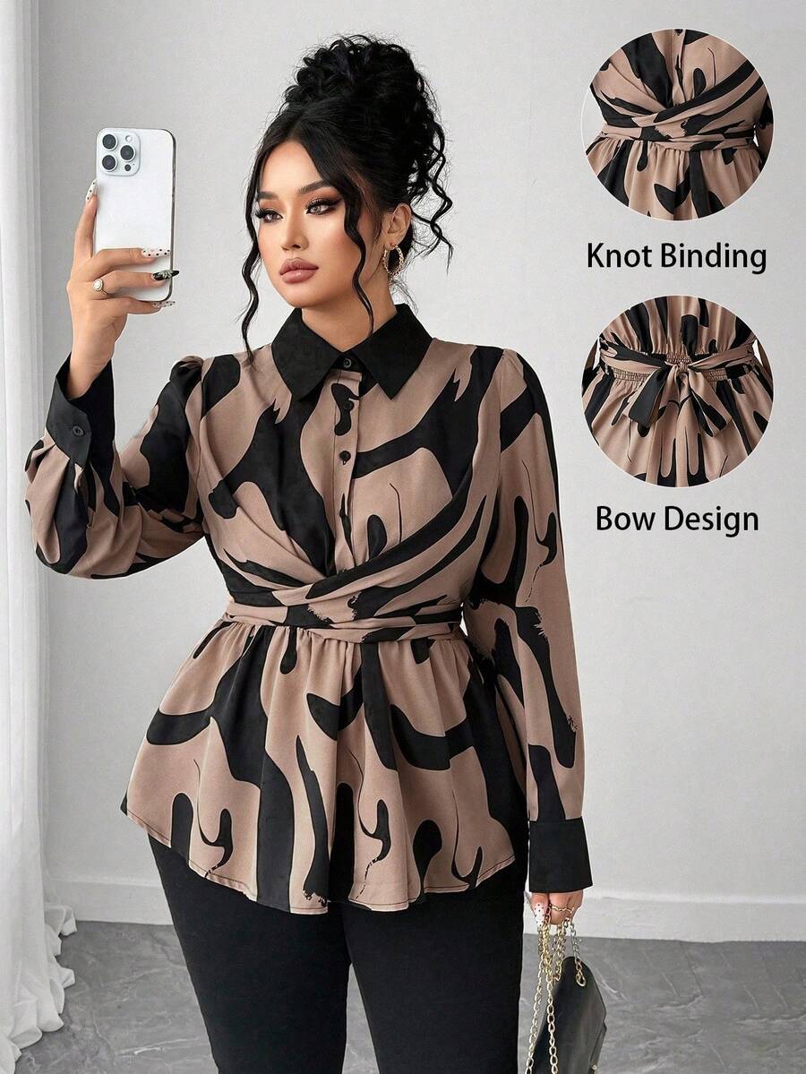 Elenzga Plus Size Women Elegant Colorblock Print Twist Cinched Waist ...