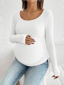 SHEIN 抽绳褶饰孕妇圆领长袖罗纹T恤 - 白色 - 查看 5