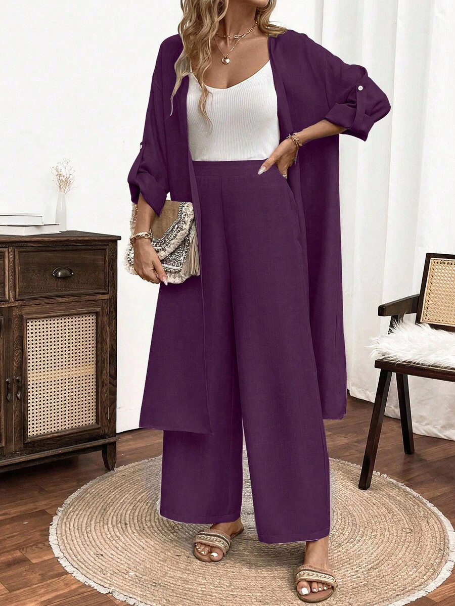 SHEIN LUNE 女士纯色卷边长袖外套和阔腿裤休闲两件套 - 紫色 - 查看 1