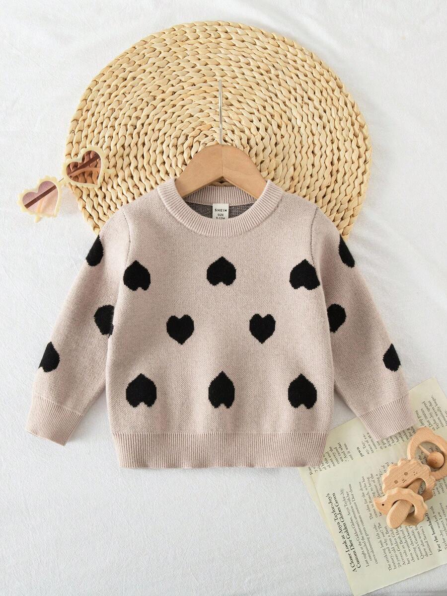 SHEIN Baby Mädchen Herzmuster Rundhals Langarm Casual Pullover, Herbst/Winter Erdbeerpullover Baby Pullover für Kleinkind Mädchen Baby Kleidung Mädchen Herbst Pullover Baby Einfarbig Strickpullover Baby Kleidung Herbst Baby Herz Print Pullover Baby Strickpullover Baby Kleidung Herbst Pullover - Khaki - Übersicht 1