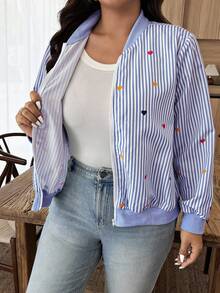Weeklong Plus Size Women Heart Striped Long Sleeve Zip Up Front Baseball Jacket - Blue - View 7