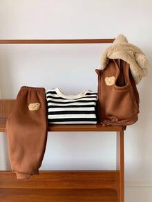 SHEIN 3 件套男童/女童秋冬可爱条纹羊毛连帽夹克，卡通图案拉链连帽夹克和裤子 3 件套运动服 - 彩色 - 查看 7