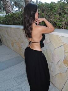 MDEdit 低腰抽绳飘逸长裙海滩罩衫度假春夏优雅性感伊比沙岛适合春夏波西米亚风黑色 - 黑色 - 查看 4