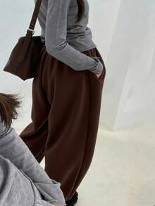 SHEIN 女式咖啡棕色和黑色抽绳松紧腰宽松口袋慢跑裤