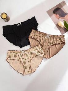 PetitDoll 3-Pack Ditsy Floral Contrast Color Ruffle Trim Ribbed Knit Boyshort Panties, Countryside Style
