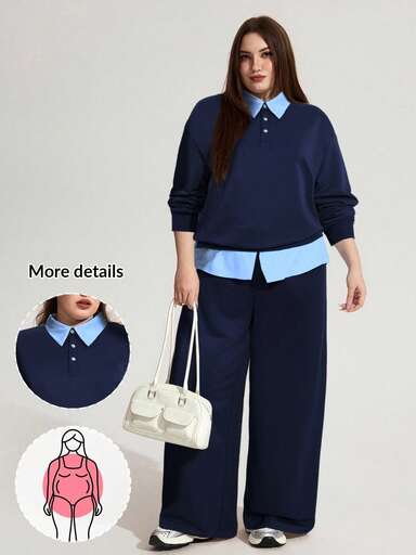 Enliva Plus Size Women's Loose Casual 2 Pieces Set, Sweatshirt And Sweatpants, Pullover Sweatshirt And Trousers, Casual Matching Outfit Fall Clothes For Women, Winter, CURVE PLUS, For Apple Rounded Body Shape