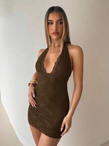 Aloruh 女式性感蕾丝露背紧身迷你连衣裙 - 咖啡棕 - 查看 4