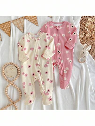 Loomiva Newborn Baby Girl Floral Print Knit Soft Crew Neck Long Sleeve Jumpsuit 2 Pieces Set