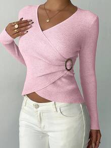 Elenzga Áo len trơn họa tiết gân cổ điển tối giản ôm sát thanh lịch dành cho nữ - Hồng - Xem 5