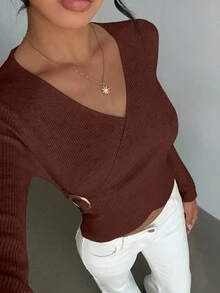 Selianne 女士优雅合身交叉裹身元素简约经典罗纹纹理纯色毛衣 - 棕色 - 查看 6