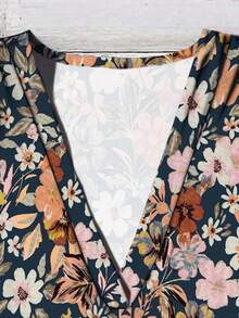 EMERY ROSE V领纽扣碎花休闲衬衫，荷叶袖设计，浪漫复古风格，适合秋季新年派对。 - 彩色 - 查看 4