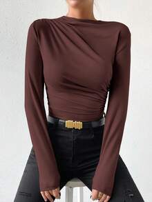 SHEIN VaVaLuxe 纯色休闲长袖修身女式紧身衣 - 咖啡棕 - 查看 7