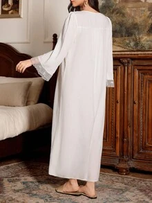 PalaceNights Women's Vintage Palace Style Square Collar 3D Floral Embroidery Lace Trim Long Nightgown, For Fall, Winter - White - View 2