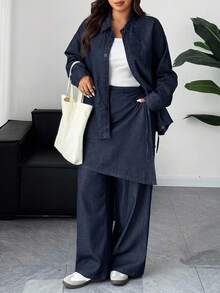 Dazy Plus 3 件套海军蓝纯色长袖衬衫、直筒裤和系腰半身裙套装，大码女装，春秋季 - 深色水洗藍 - 查看 3