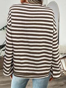 SHEIN LUNE Women's Loose Fit Drop Shoulder Textured Brown Casual Sweatshirt, Autumn/Winter Brown Sweater Striped Long Sleeve - Brown - View 2