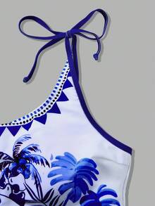 Swim Oasis Women's Tropical Floral & Bird Print Casual One-Piece Swimsuit With Skirt, Halter Neck, Suitable For Vacation And Beach - Blue and White - View 3