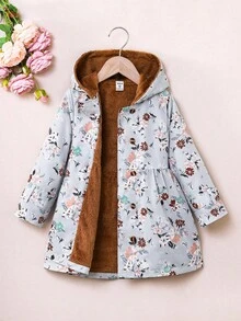 SHEIN Elladie kids Young Girl' Floral Print Thermal Lined Hooded Double-Breasted Fashion Coat, Casual Daily Wear, Winter - Grey - View 4